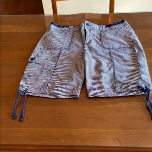 Navy and White Striped Easy Care Bermuda Shorts. 98% Cotton. EUC